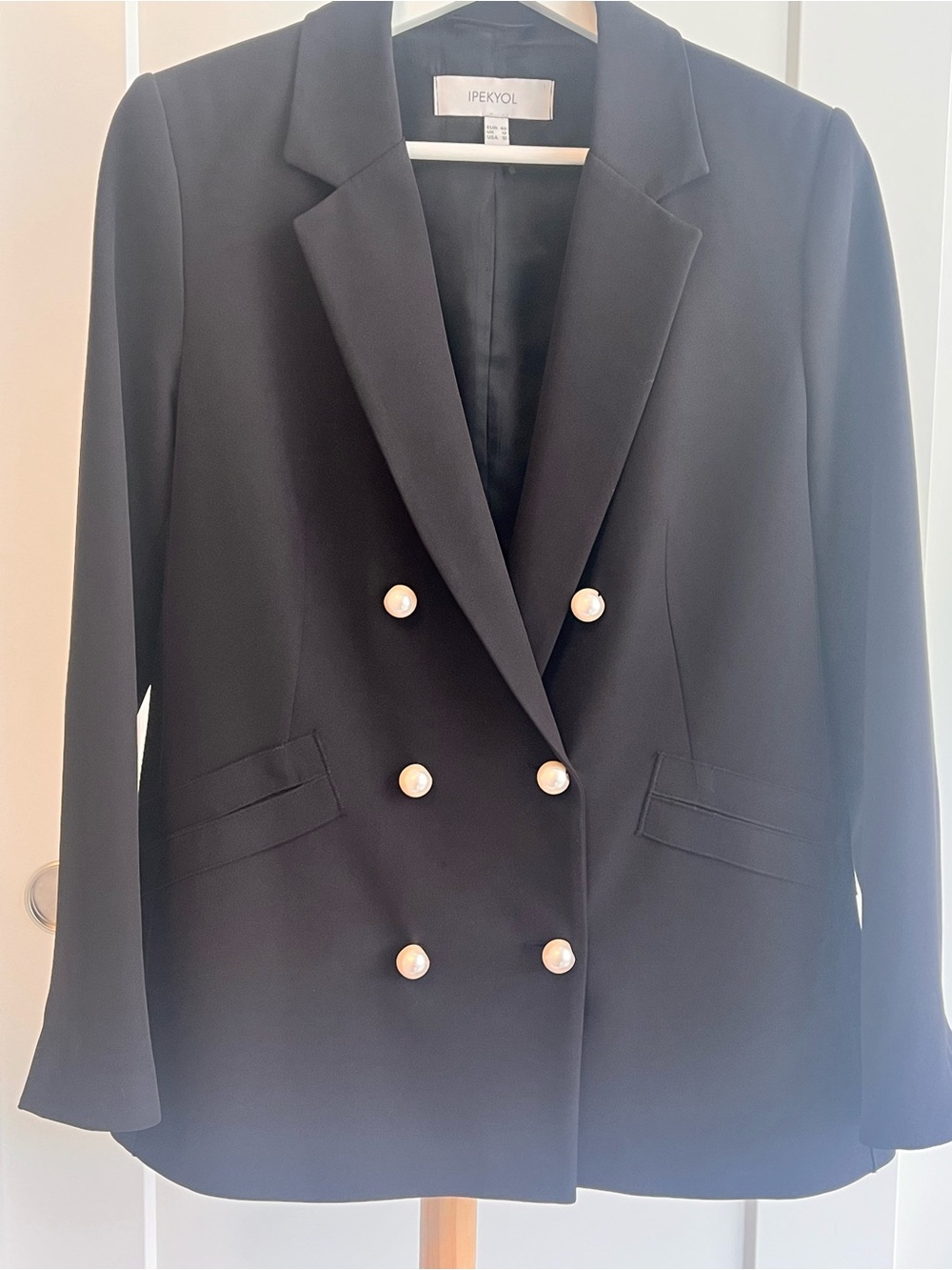 Ipekyol Black Double-Breasted Pearl-Button Blazer Size 10